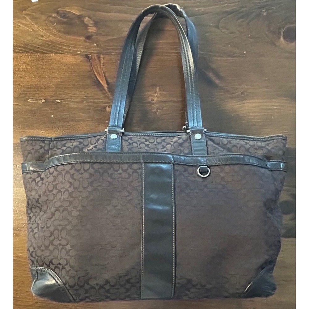 Coach Signature Monogram F77156 Tote Bag Purse Large Brown Classic Leather Trim